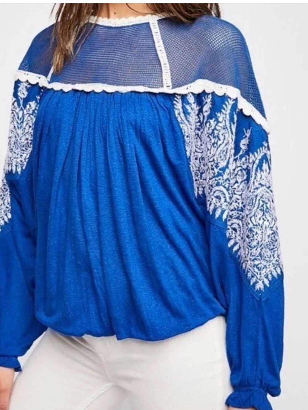 Free People Royal Blue Embroidered Mesh Yoke Tunic